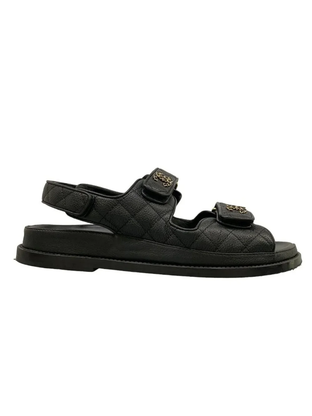 Chanel Sandals Black Quilted Gold CC Logo